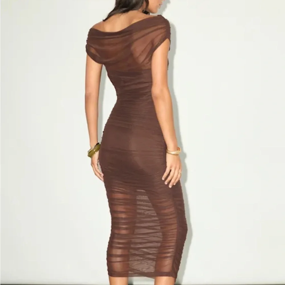 Sunama Brown Mesh Ruched Bodycon Midi Dress - Picture 5 of 5